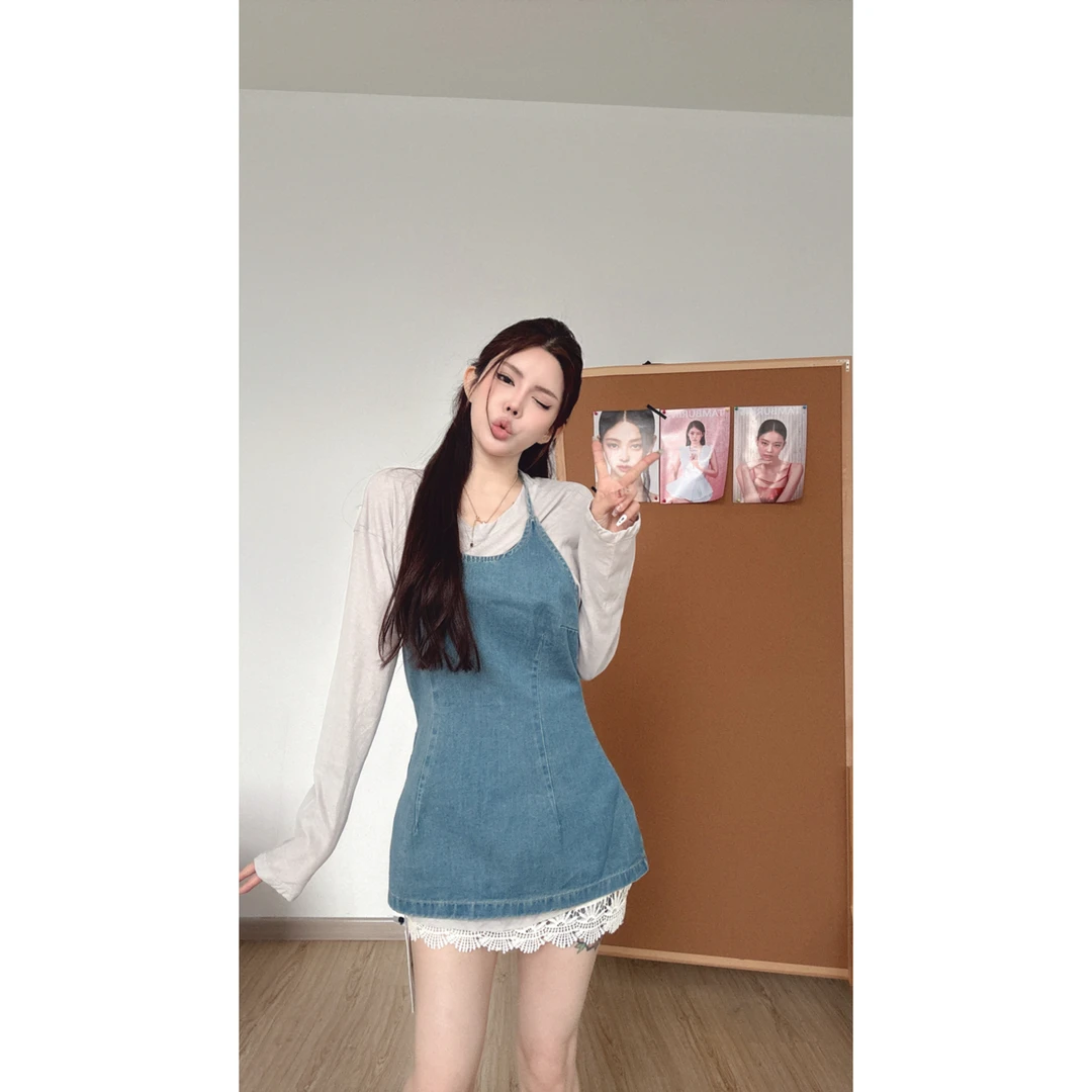 黛黛【假日私享】宽松防晒长袖T/挂脖牛仔吊带裙/雏菊小半裙