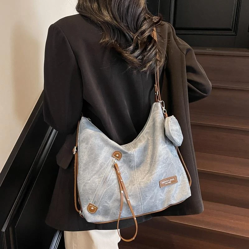 2025新款单肩斜挎双肩三合一牛仔托特包女百搭复古大容量通勤包