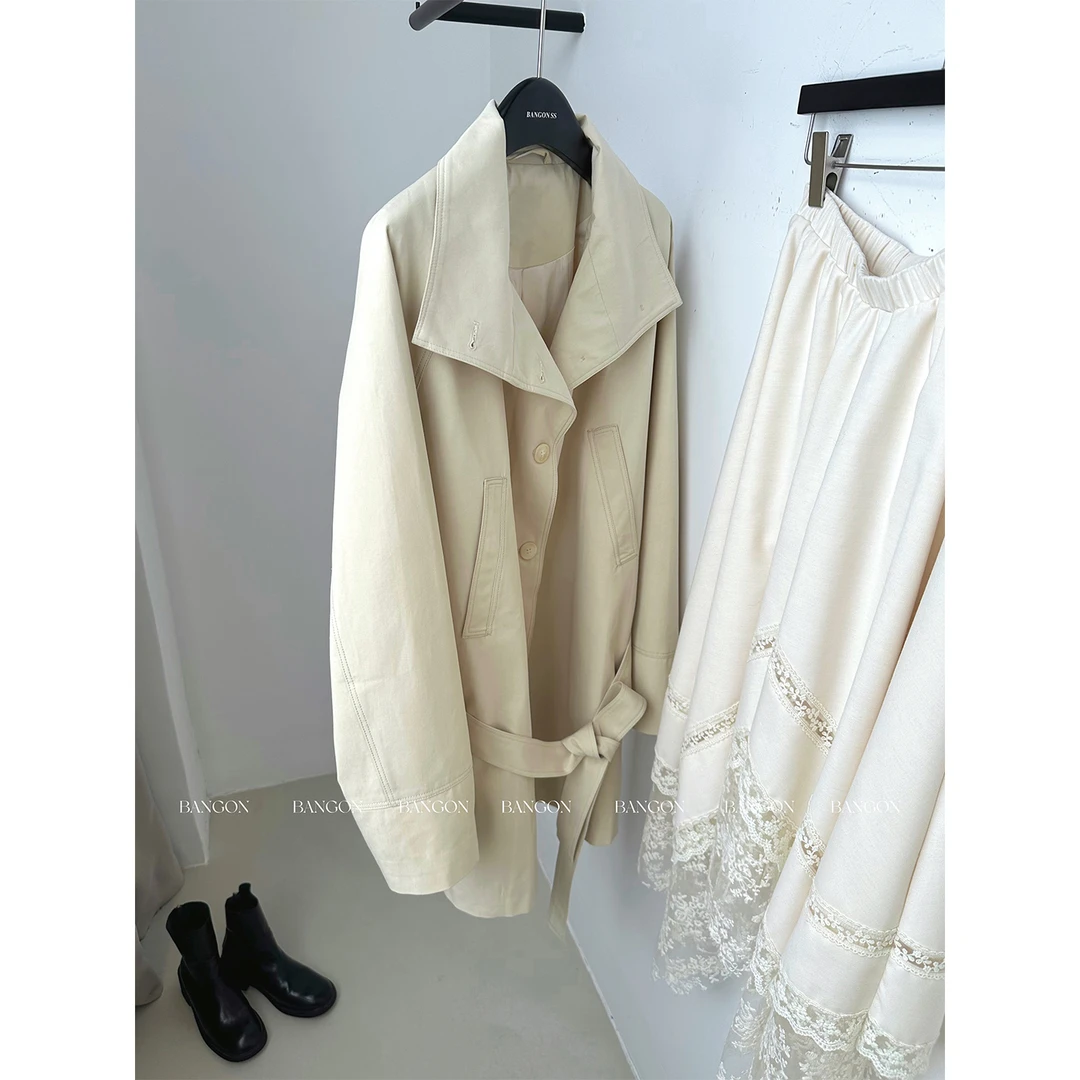 BANGON 米色系带风衣韩系气质温柔风2025新款中长款翻领百搭外套