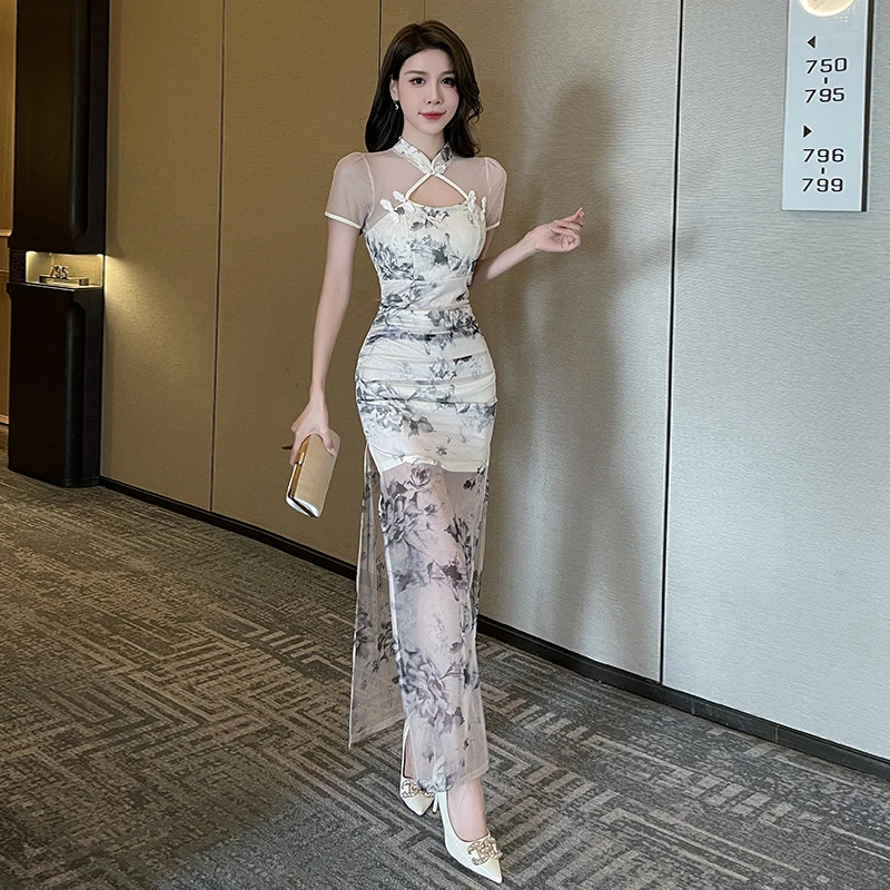 粉色爆款婚服裙子连衣裙大学生夜总会长款包臀桑拿技师气质K旗袍