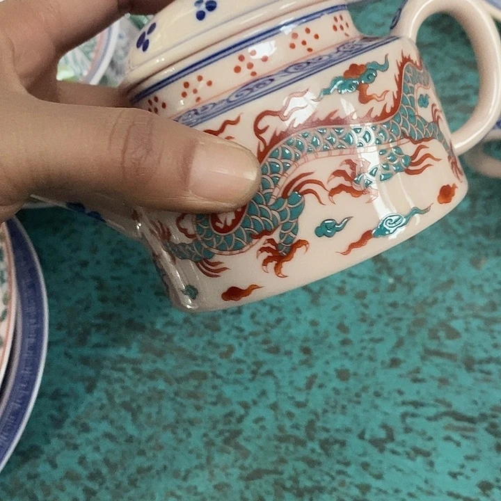 摆件陶红稀土斗彩龙凤茶壶
