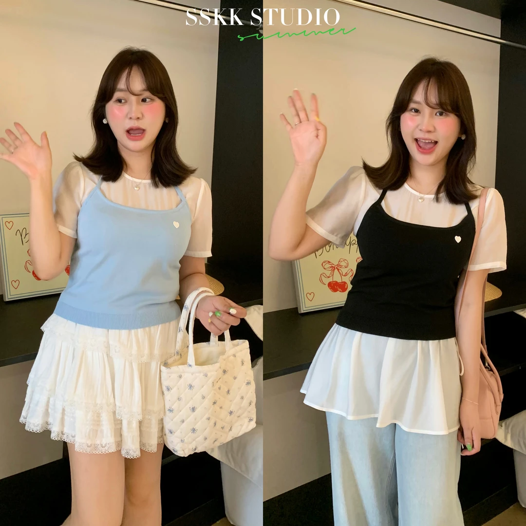 KMZY/KMZY山_山【甜韩少女】微胖mm韩系小清新假两件上衣+屁帘套装