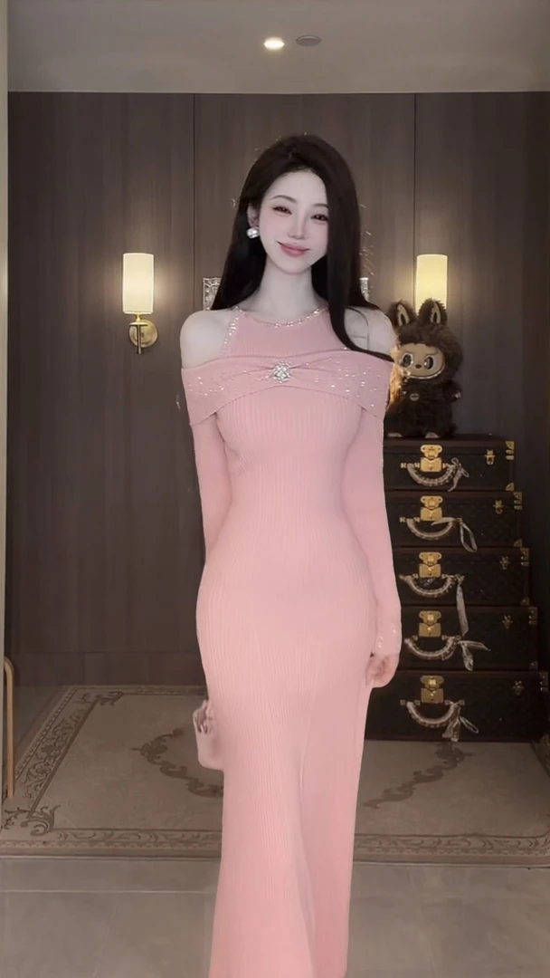 【雅乔定制】烫钻露肩长袖连衣裙修身显瘦针织长裙DYCC-25108447