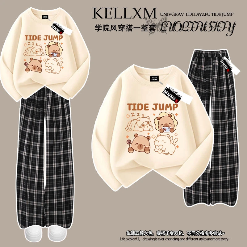 2025春秋新款卡通印花女童长袖T恤格子长裤中大童宽松百搭两件套