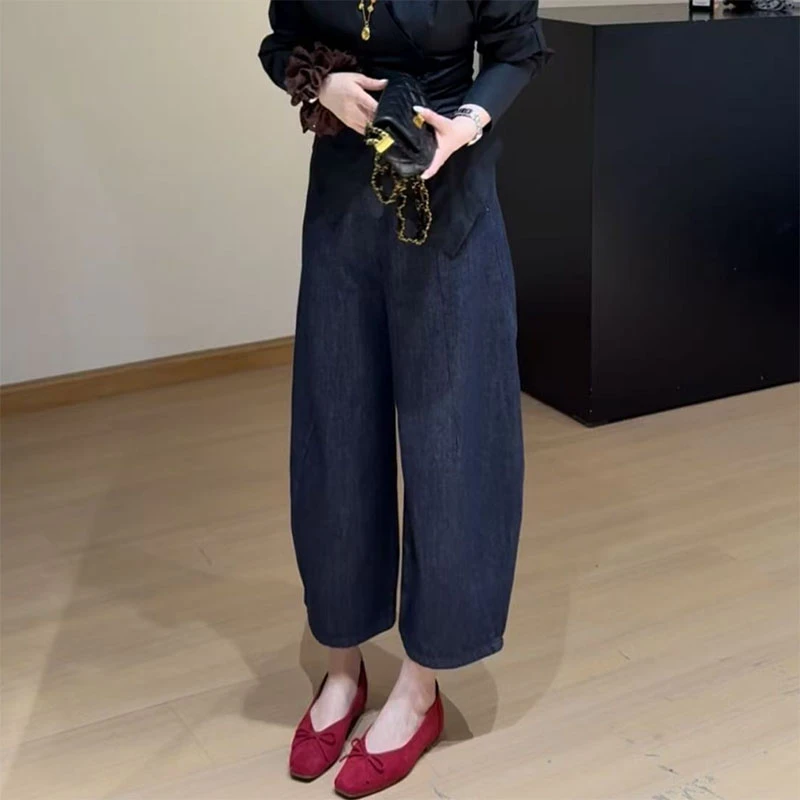2025春秋季新款复古蓝直筒遮胯弯刀裤女高腰显瘦直筒休闲萝卜裤潮