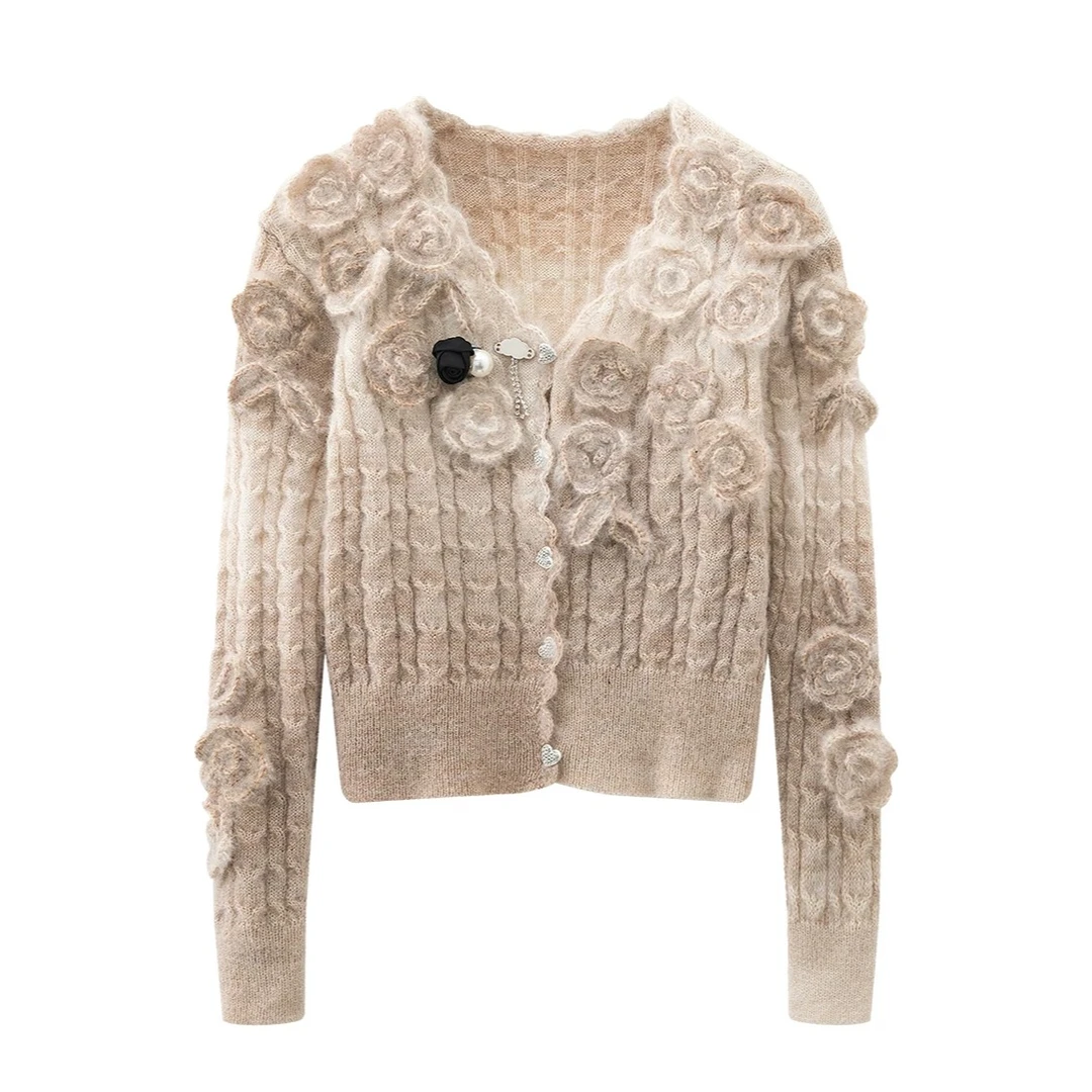 2024秋冬新款高级小众设计花朵上衣v领单排扣别致针织衫女