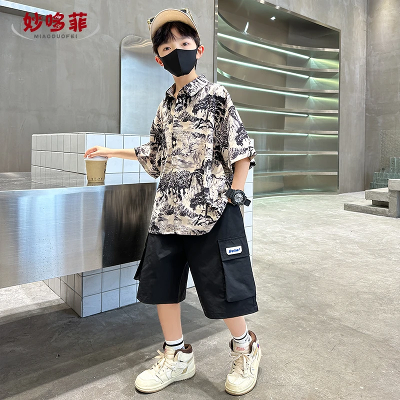 儿童夏装套装痞帅洋气夏天童装短袖衬衫短裤两件套薄款炸街潮酷