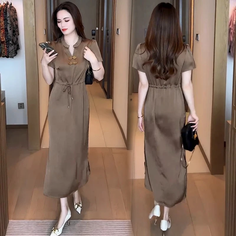 夏季新款时尚新中式国风改良版旗袍裙气质中长款显瘦盘扣连衣裙女