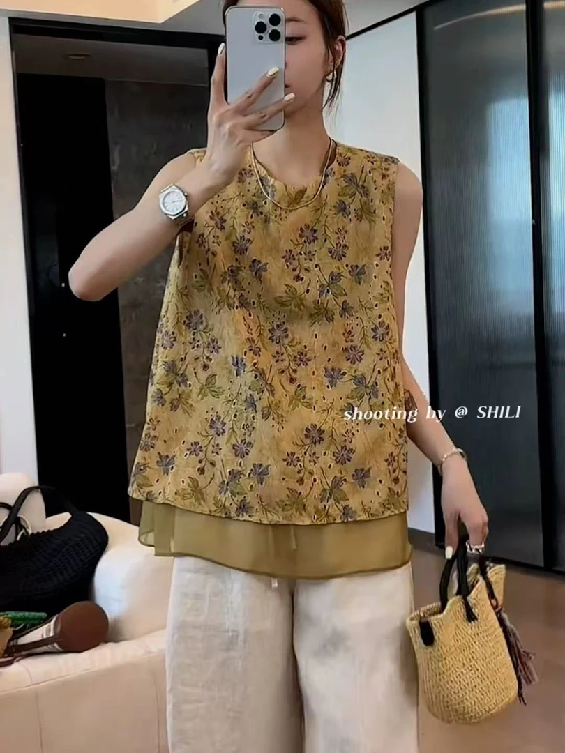 十里@7696 国风花朵圆领无袖小衫上衣 5-25