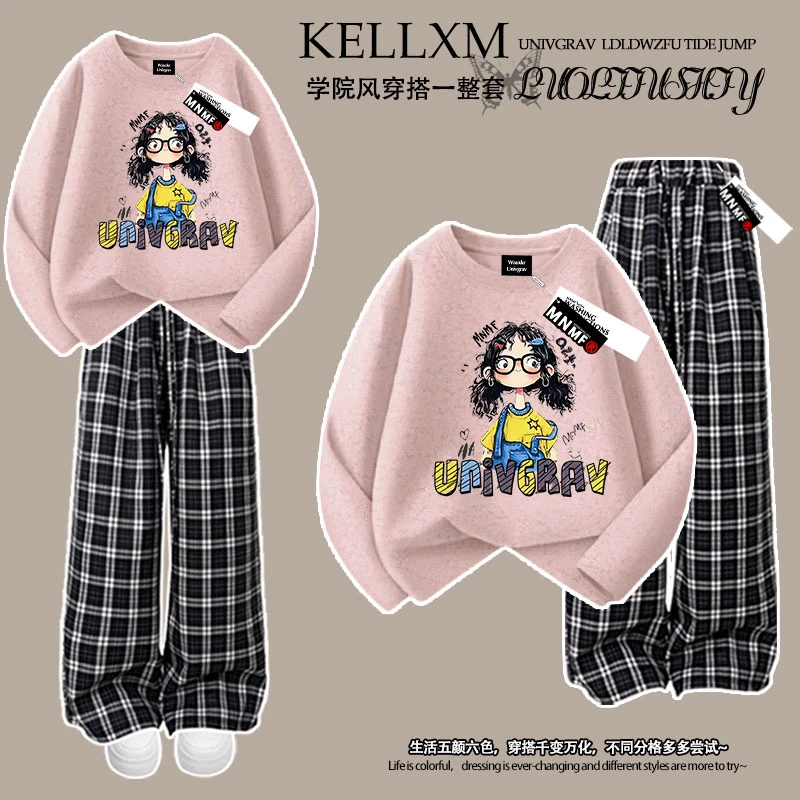 2025秋季新款卡通小女孩印花女童纯棉扎染长袖t恤格子裤洋气套装