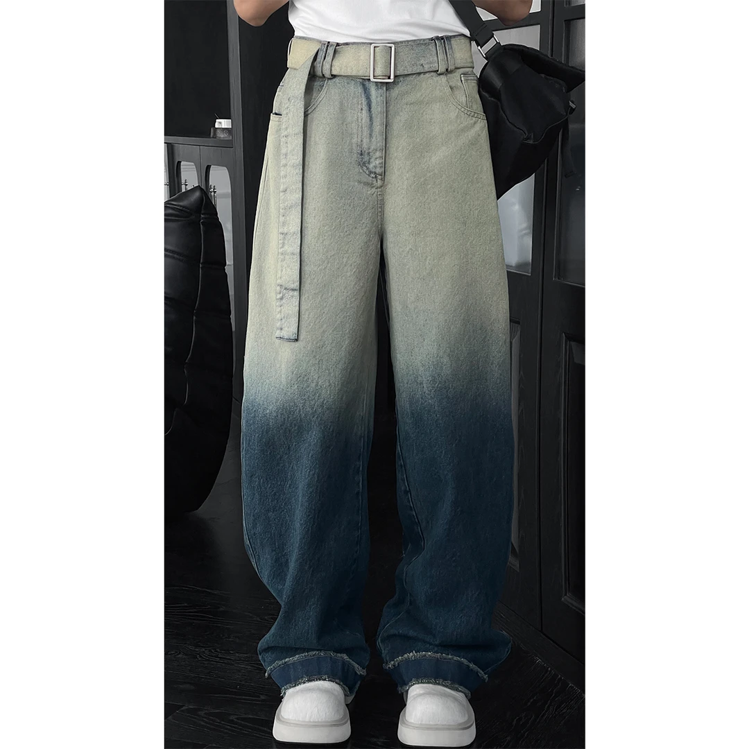 龙叨叨2025春季新品重磅复古渐变蓝牛仔裤美式高街宽松腰带休闲裤