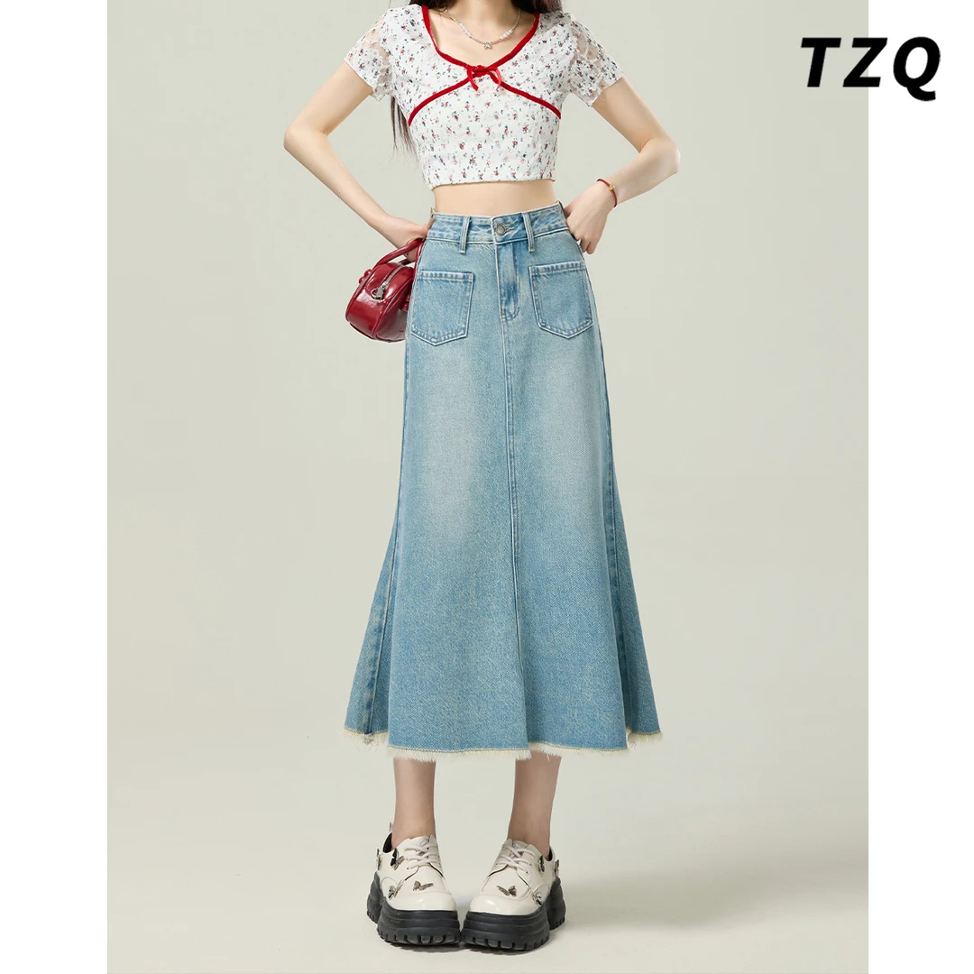 复古牛仔半身裙女夏季新款高腰显瘦毛边中长款鱼尾裙子TZQ032202