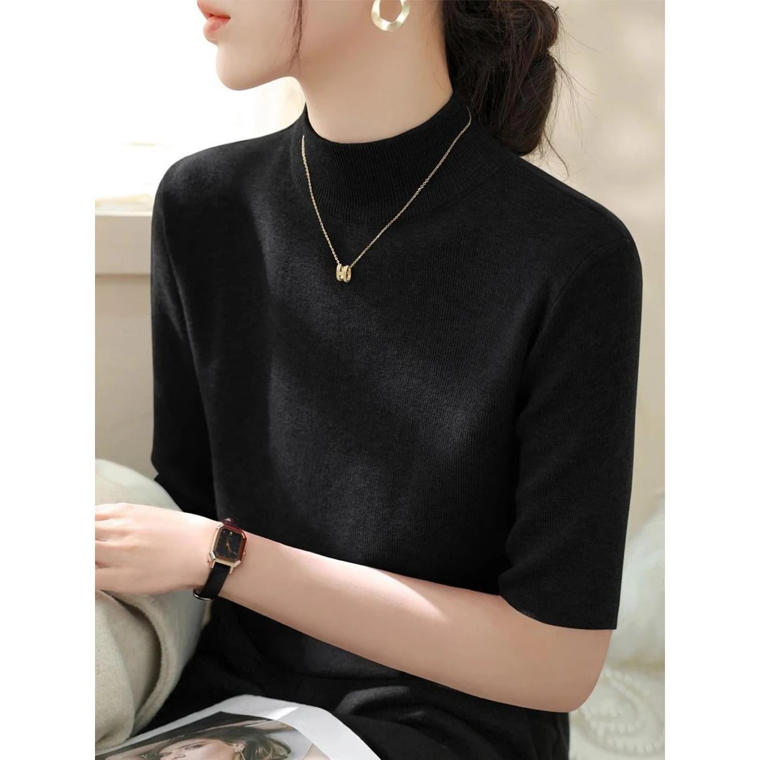 春秋春夏季2025新款高领中袖百搭针织衫修身显瘦气质毛衣打底上衣