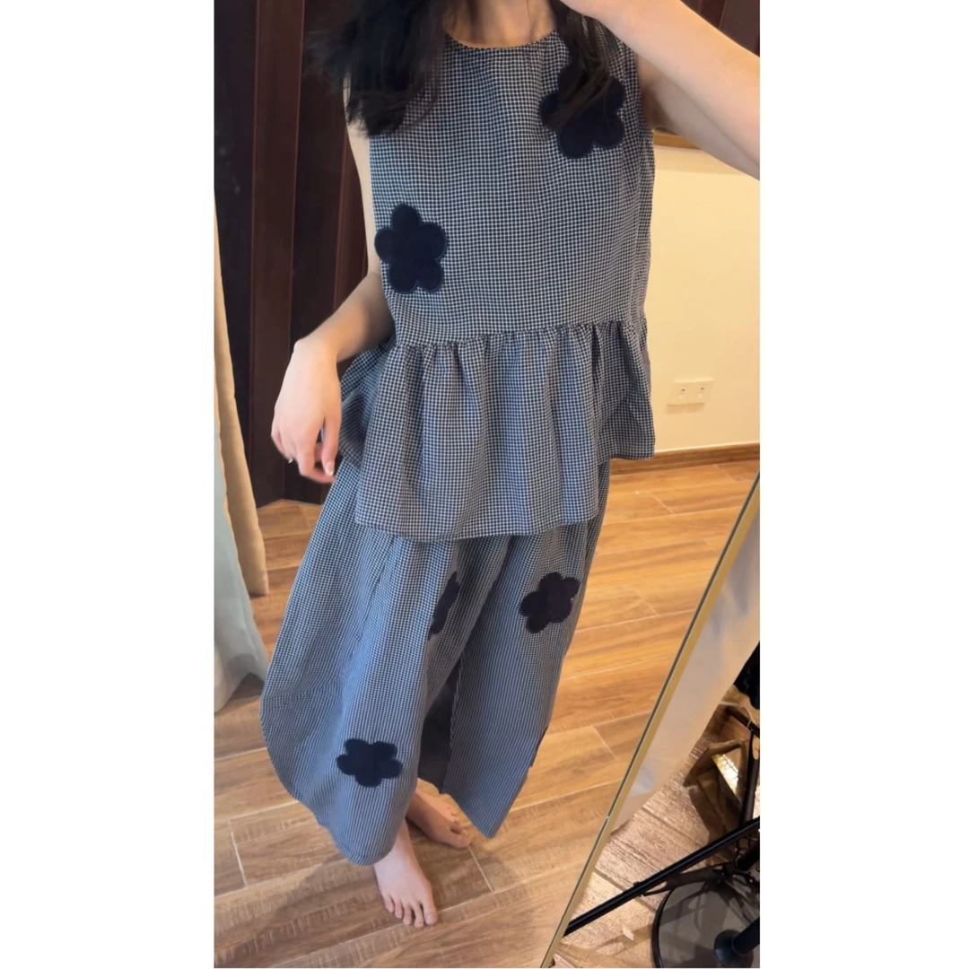 【福利价】韩系泡泡纱外出穿套装太阳花女夏新款蓝色格子两件套套装