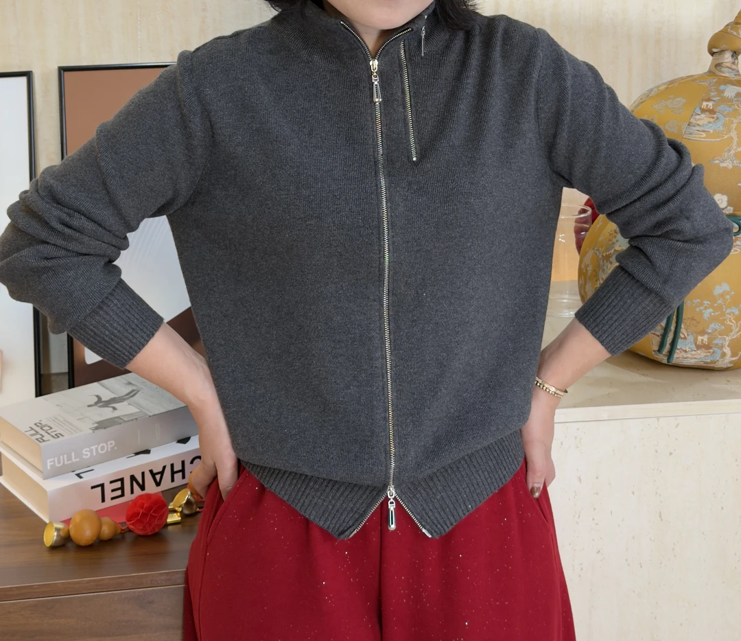 A556679  秋冬上新慵懒风双拉链半高领针织开衫女百搭显瘦