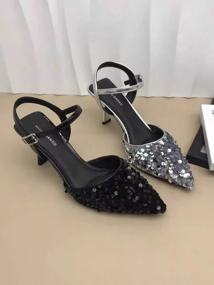 86161夏季细跟包头凉鞋女新款尖头高跟鞋晚晚风温柔鞋中跟单鞋