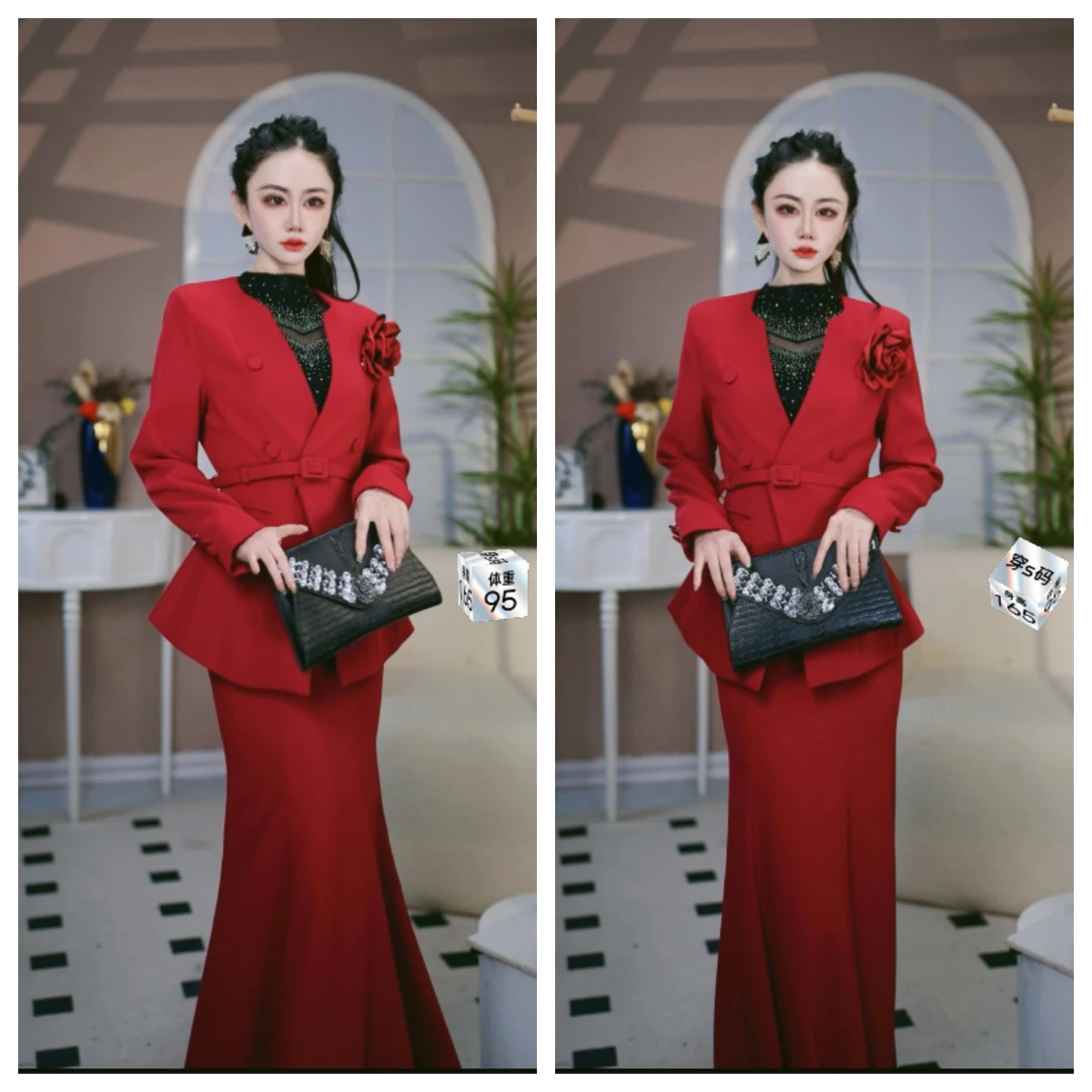 【Z.YE】设计师高级感时尚精致百搭女装轻奢安格拉红色套裙5001