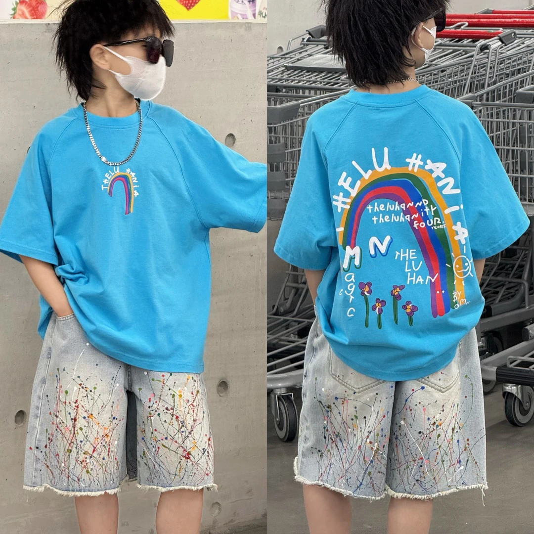 现货THE LUHAN【海韵蓝衫】夏季宽松潮流亲子装中大童蓝色T恤25159