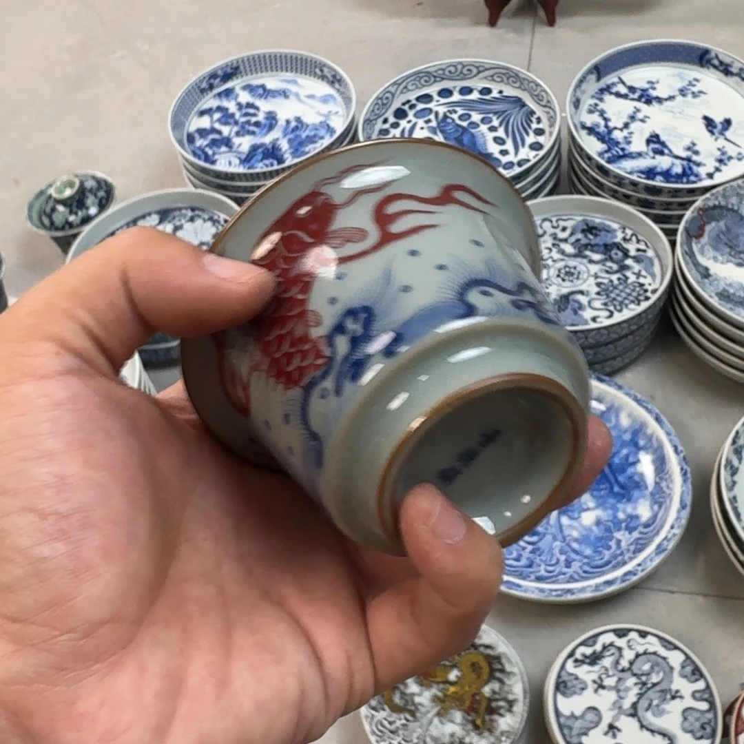 杯老陶泥釉里红鱼化龙两才盖碗