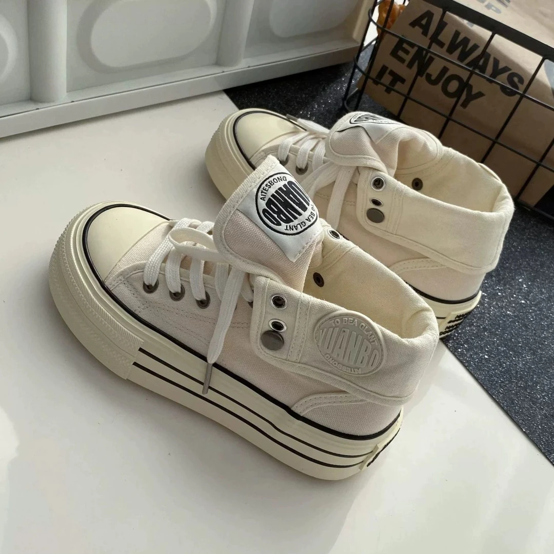 高帮厚底两穿帆布鞋女2025新款夏季复古白色增高小众设计休闲板鞋