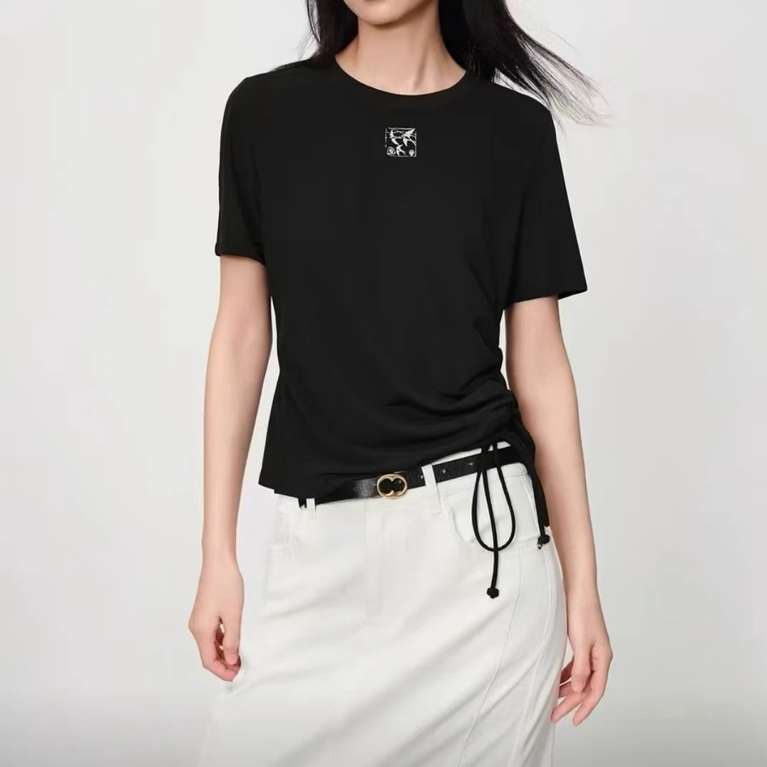 W-1307【雅】夏季新款 圆领抽绳运动感弹力修身T恤女