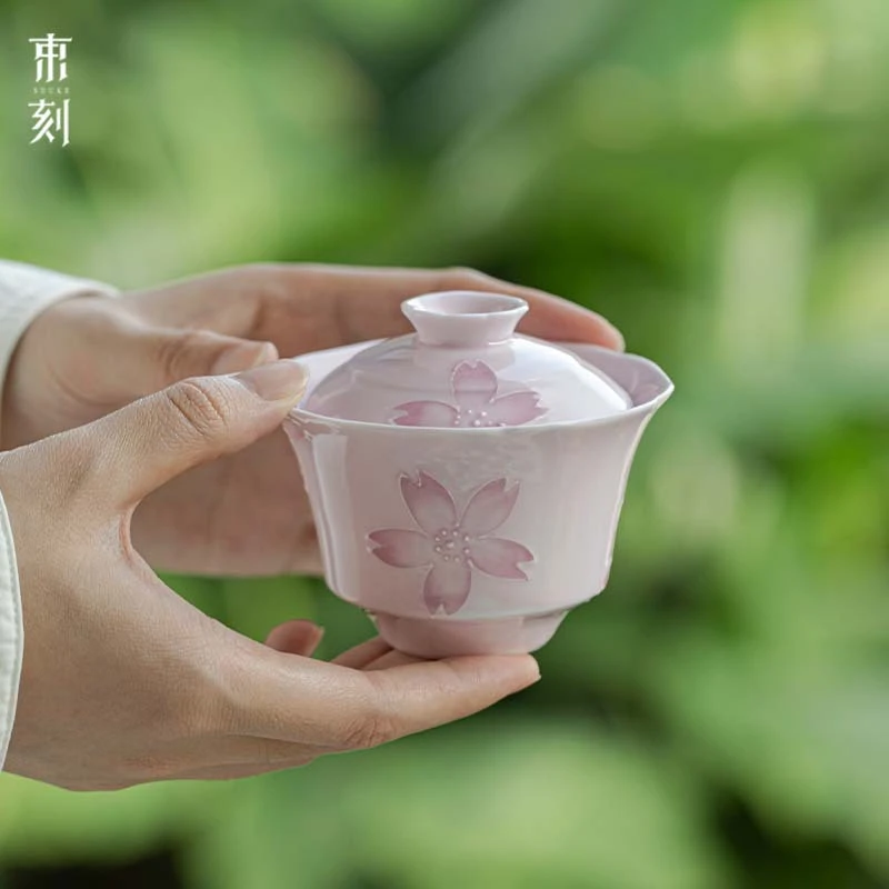 束刻女性粉色樱花陶瓷釉下彩二才盖碗日式有田烧泡茶碗薄胎不烫手