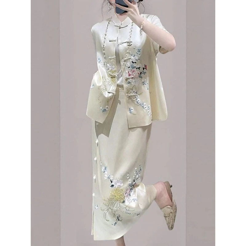 新中式外套绸缎醋酸马甲套裙2025夏季新款小众国风上衣套装