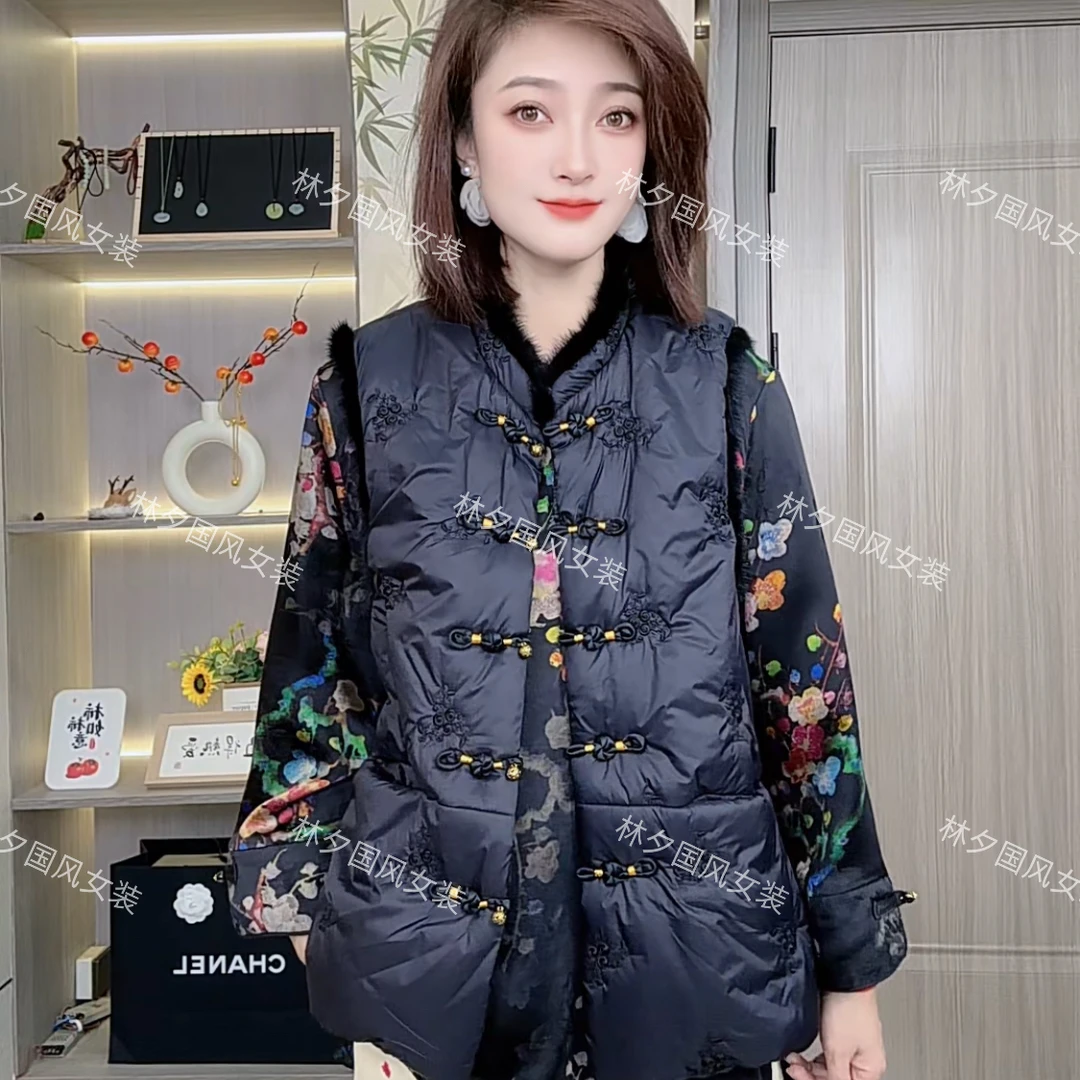 水貂毛加棉刺绣国风新中式女装冬季秋冬马甲宽松百搭保暖无袖时尚