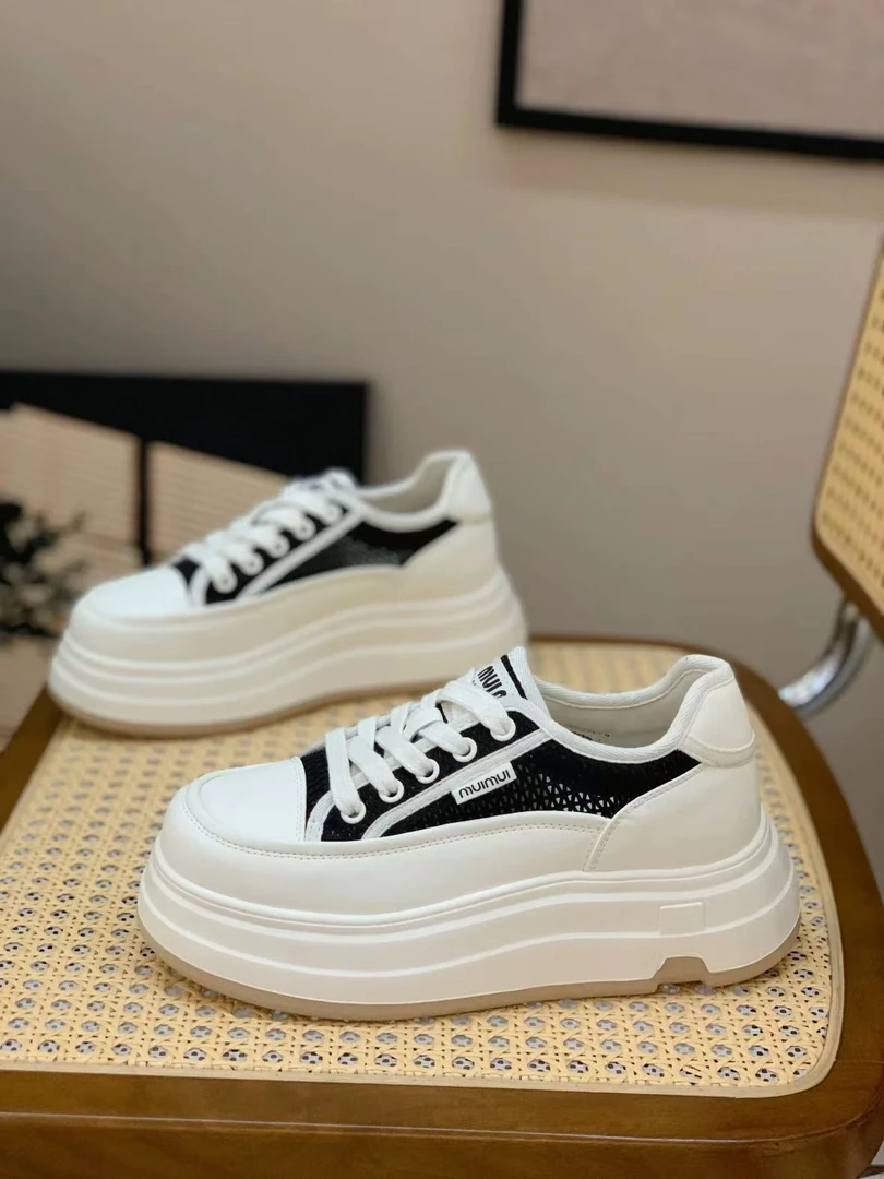 单网透气板鞋女2025夏季轻便松糕系带休闲小白鞋212