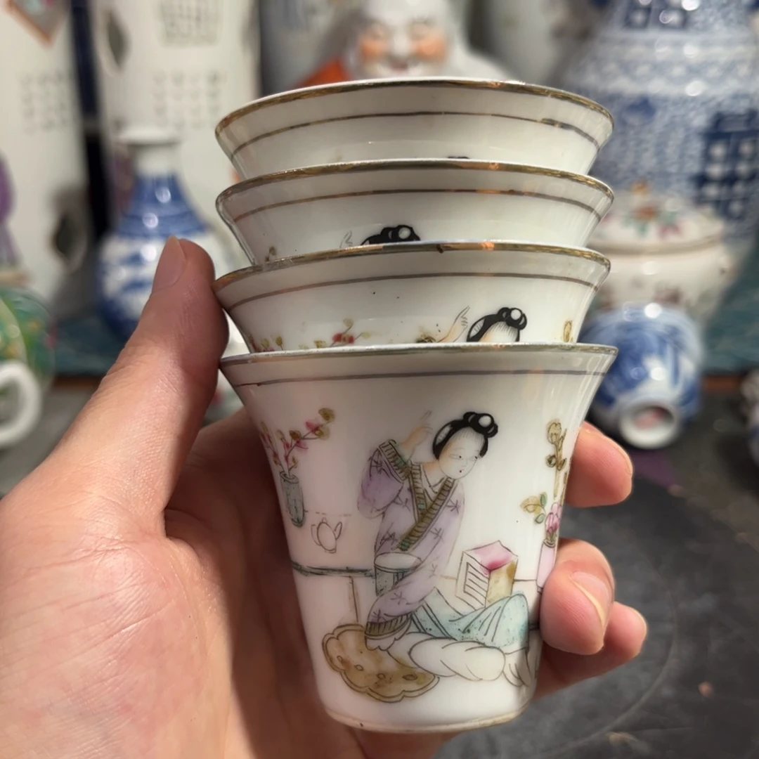浅降彩桃花美女马蹄杯