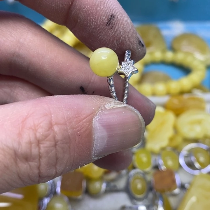 蜜蜡裸石银S925镶嵌戒指