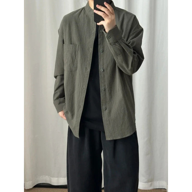 新中式棉麻纹理感长袖衬衫男秋季亨利领开衫衬衣垂感复古慵懒外套