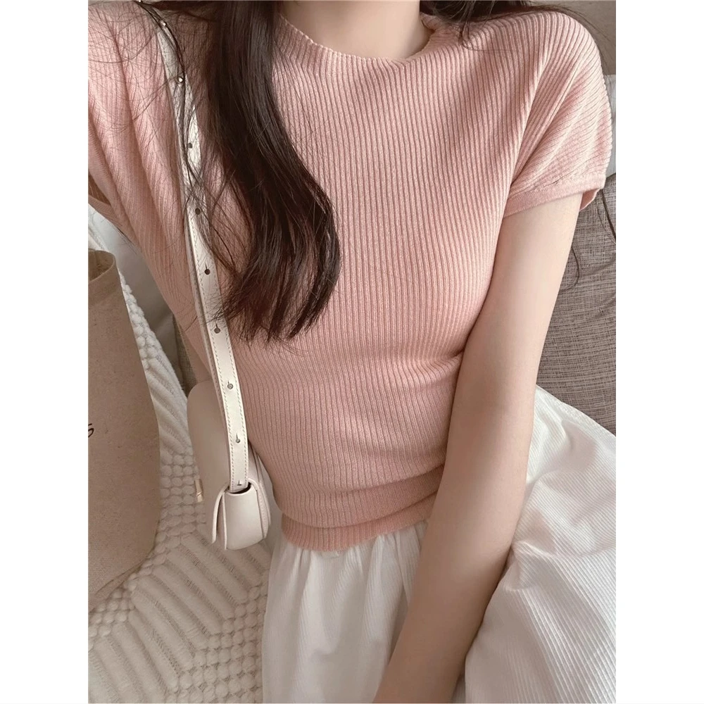 冰丝针织衫女短袖春夏季设计感辣妹修身紧身收腰短款针织短袖上衣