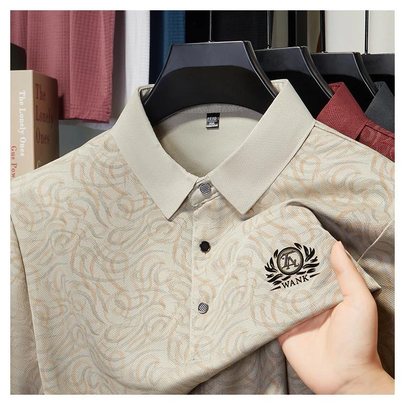 2025夏季新款轻奢冰丝透气商务翻领短袖T恤宽松休闲印花polo衫