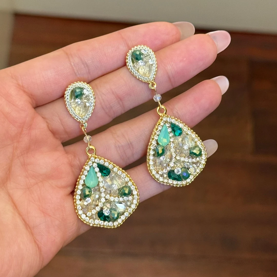 铜合金合成锆石耳饰 E0469 【叶影摇光】东大门手工定制叶片耳环