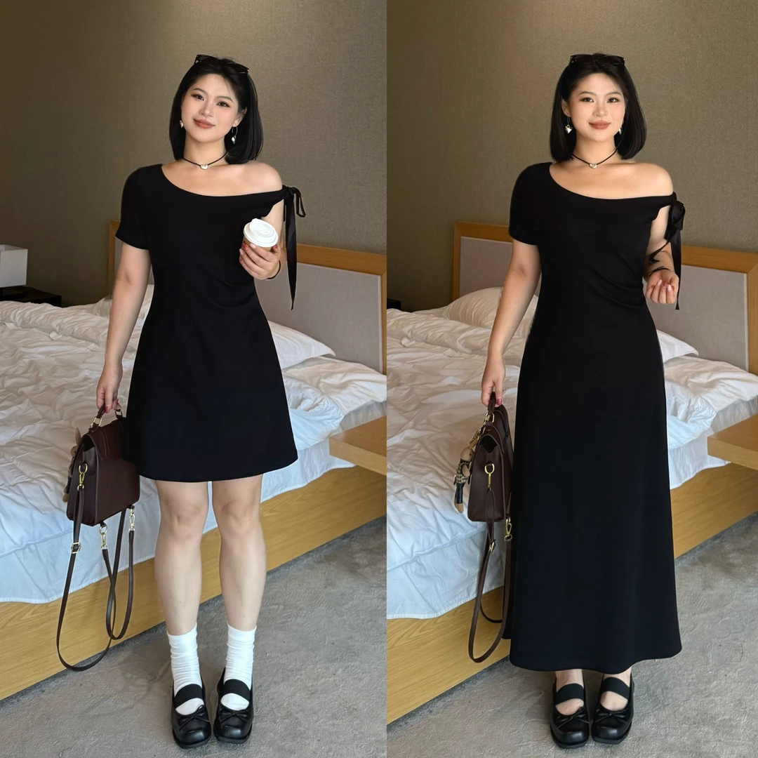 ARSENE【优雅月光】夏季高级感斜肩露锁骨赫本风长短款连衣裙-S1278