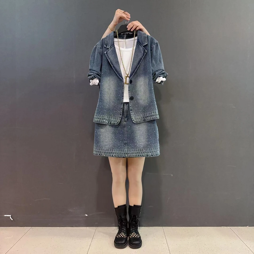 欧货洋气重工烫钻西装领牛仔外套半裙时髦两件套