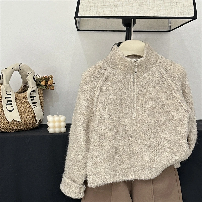 【现货】儿童圈圈纱毛衣新款女童秋冬加厚高领慵懒风拉链针织上衣