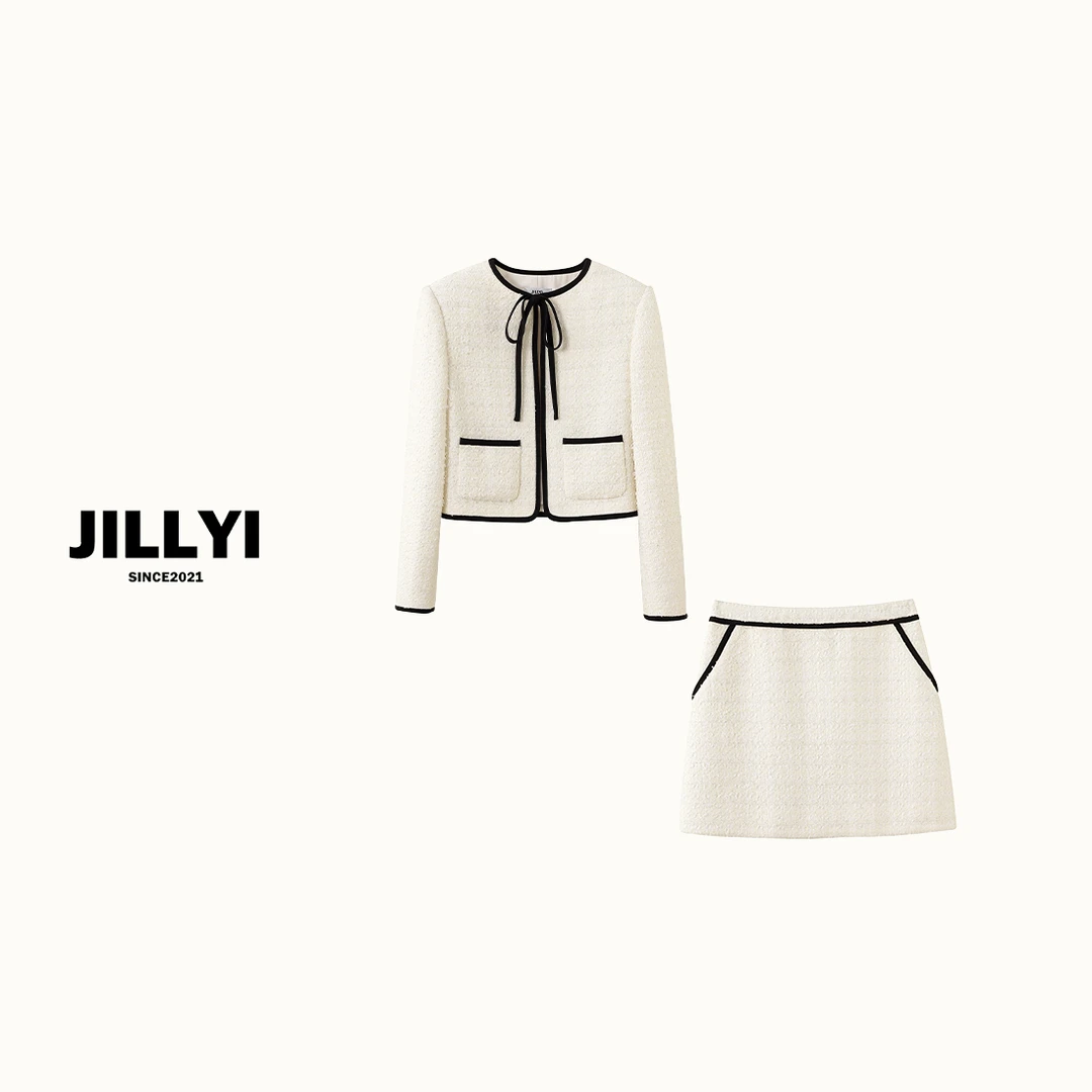 JILLYI【月光四重奏】黑白撞色绑带蝴蝶结外套+黑白撞色半裙套装