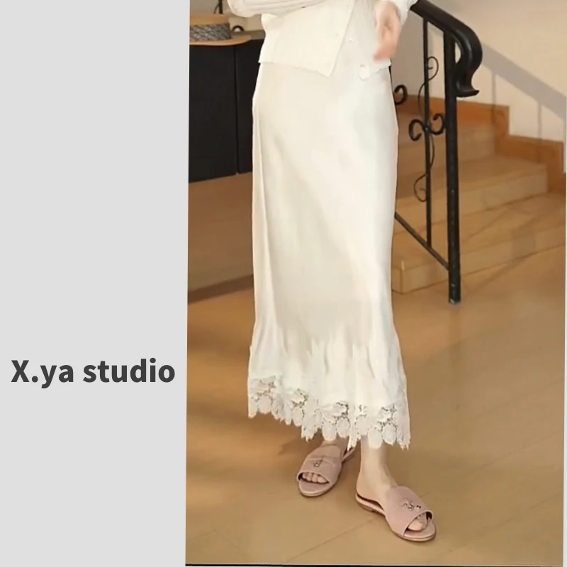 南油小雅 蕾丝边通勤风休闲百搭长裙纯色半身裙高腰显瘦
