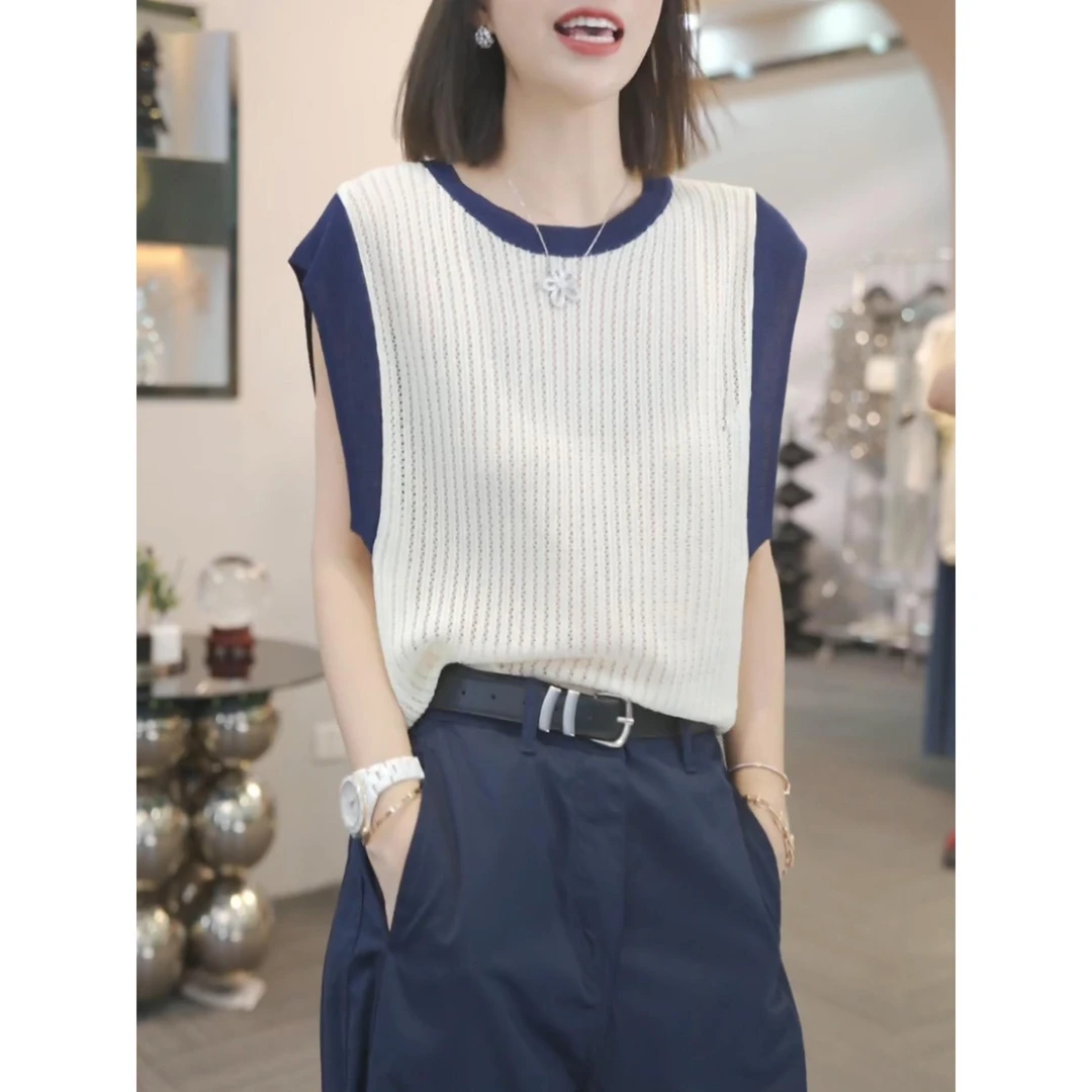 撞色冰丝镂空针织短袖t恤女夏季2025新款小飞袖坎肩百搭显瘦上衣