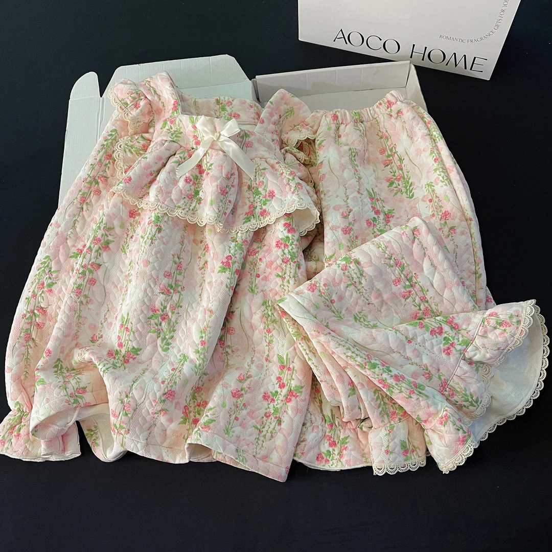 可外穿睡衣女秋冬季加厚保暖空气棉夹层田园风碎花甜美家居服套装