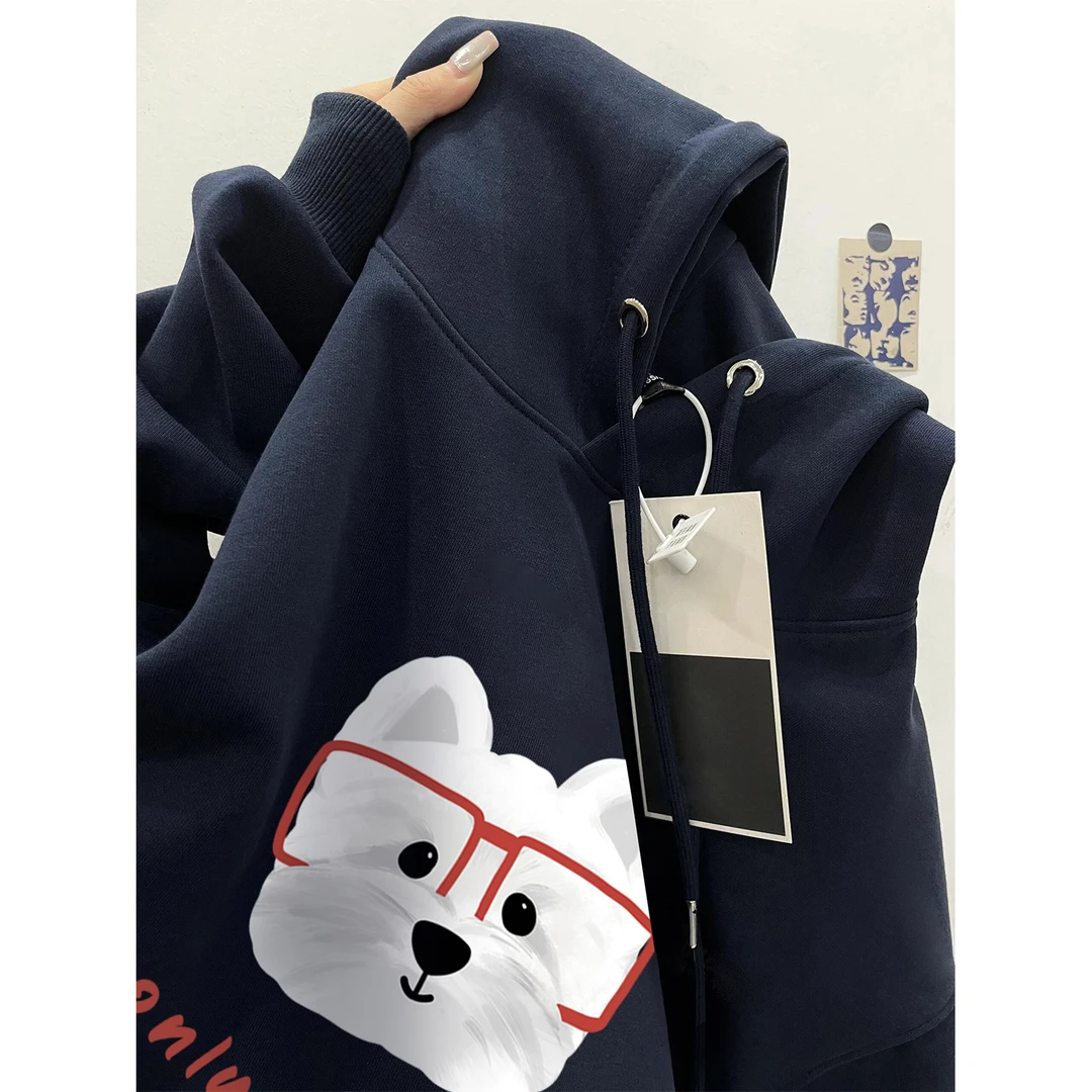 美式可爱趣味小狗字母印花宽松连帽卫衣男女秋冬季休闲情侣款上衣