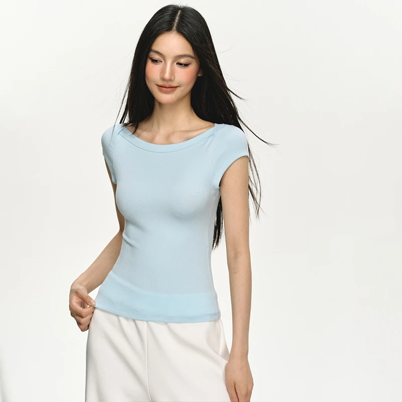 anna aneae一字领辣妹短款纯色短袖t恤女夏季新款休闲紧身上衣潮