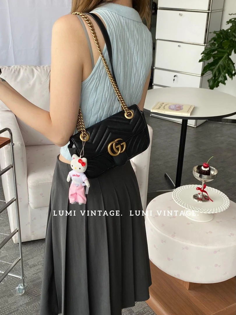 95新 GUCCI/古驰 黑金牛皮马蒙22单肩包16527728