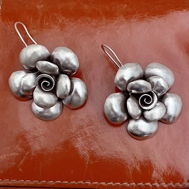 925银耳饰 泰国清迈手工银大花耳坠通体纯银文艺民族风玫瑰花耳钩