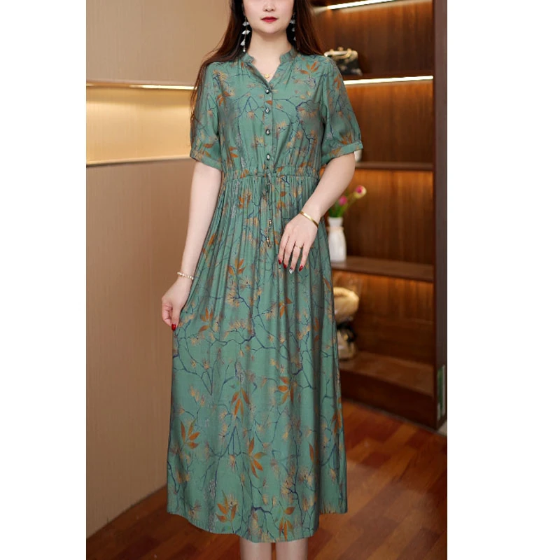 [剪刀领绿]新款百搭显瘦连衣裙女中长款423