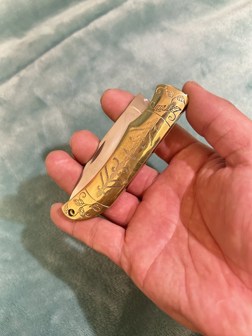 实心黄铜折叠小刀精致刀柄花纹