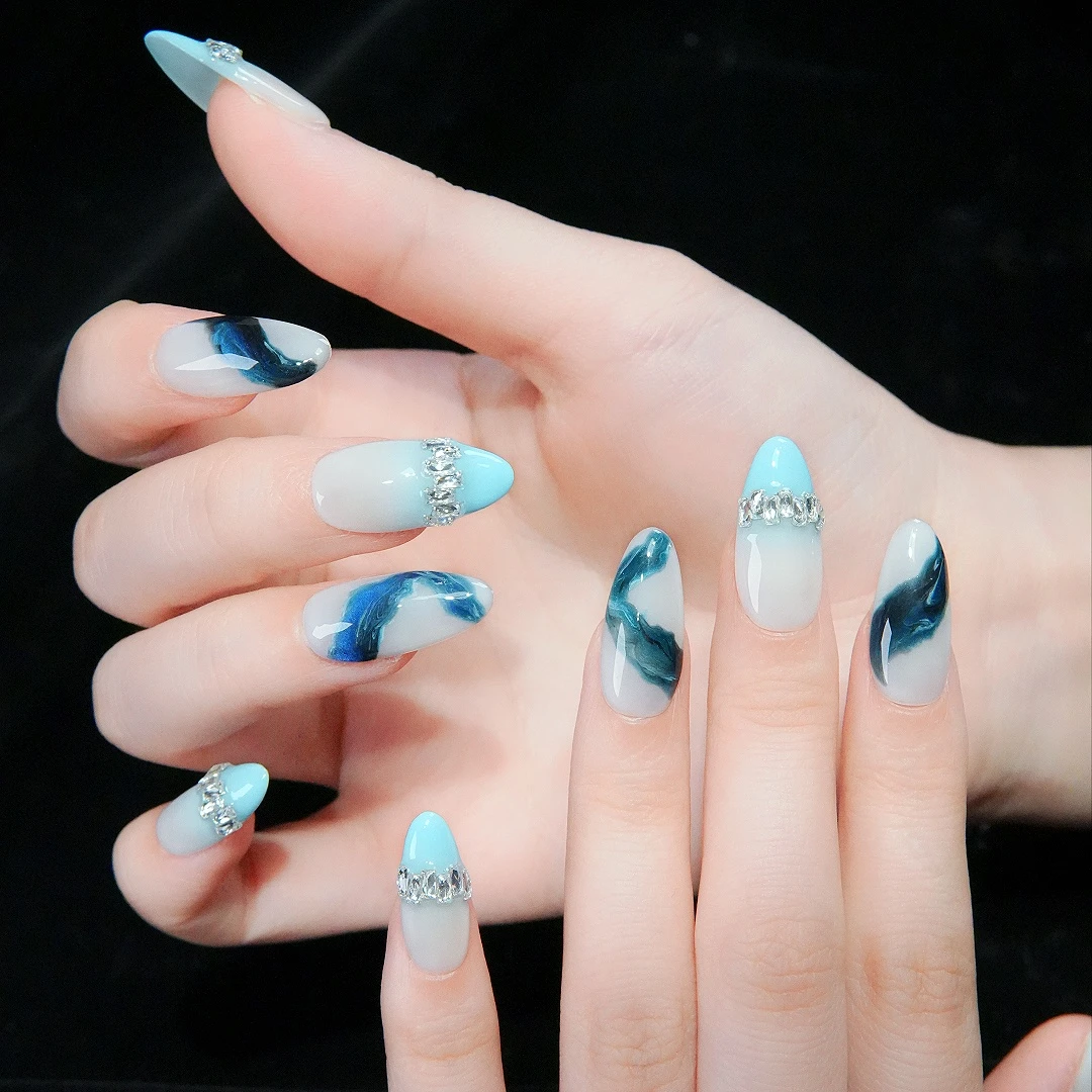 夏季新款【蓝眼泪】显白百搭高级手工穿戴甲尖端风暴非遗美甲