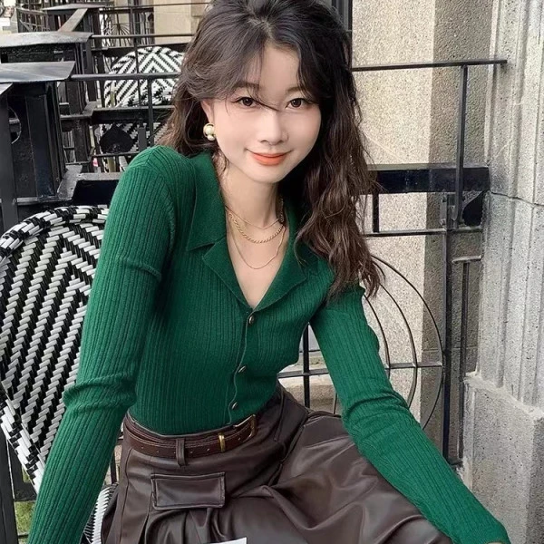 小香风绿色翻领针织开衫外套女感毛衣内搭打底衫